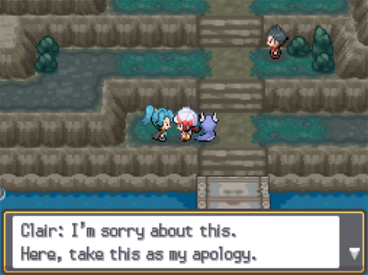 Gym Leader Clair approaching the player to offer the TM59 as an apology / Pokemon HGSS