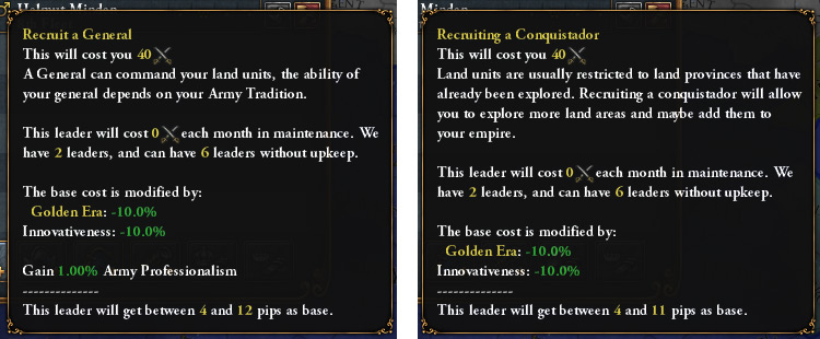 Recruiting a general and a conquistador with the same 49 army tradition / Europa Universalis IV