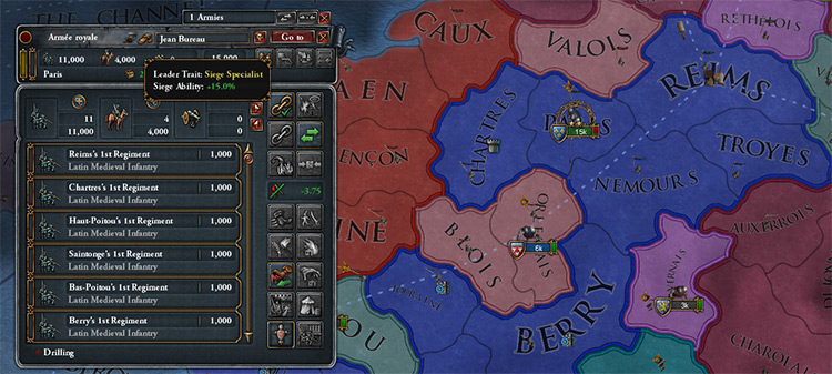 Drilling an Army. The general's trait can also be seen near his name / EU4