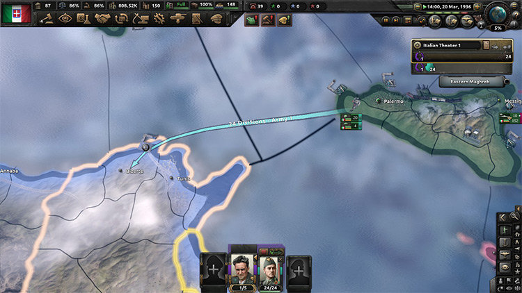 I would need naval supremacy in both the Tyrrhenian sea and the western Mediterranean / HOI4