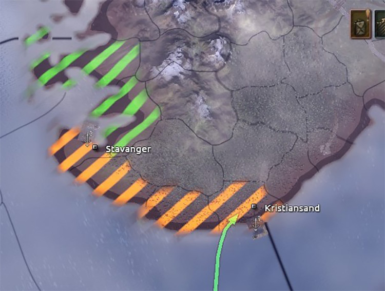 The Norwegian army is likely garrisoning Kristiansand and Stavanger but not the two tiles in between / HOI4