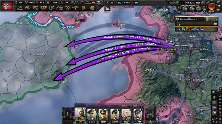 Unlike naval invasions, you cannot select multiple tiles to automatically have your troops spread out in / HOI4