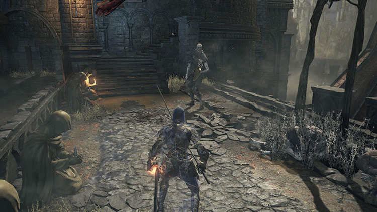 Fighting the Large Hollow Soldier on the main pathway / DS3