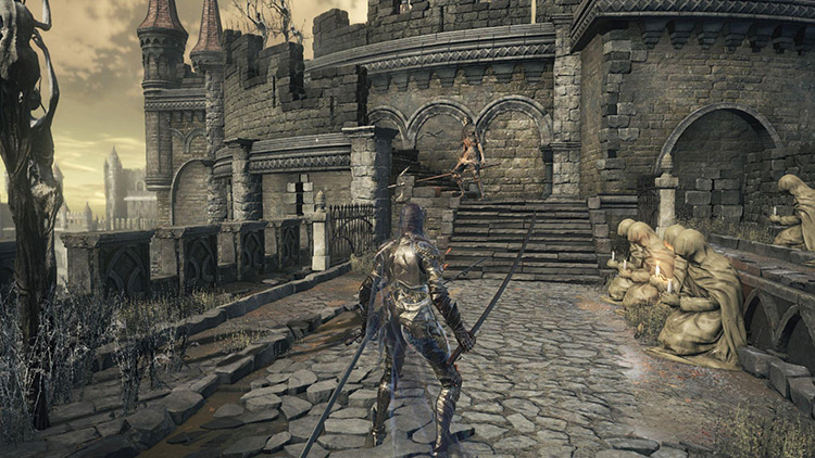 The Large Hollow Soldier waiting on the stairs at the end of the walkway / DS3