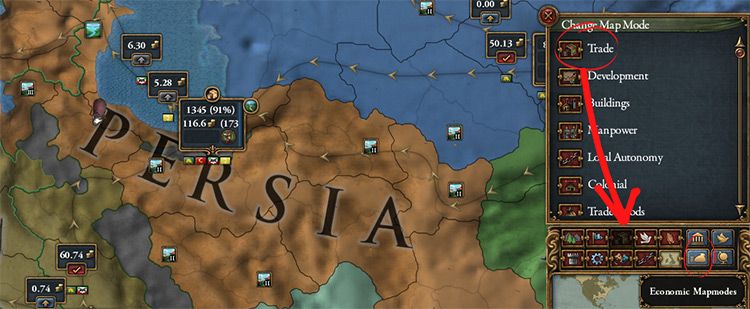 Trade Map Mode Displaying the Persia Node and Dragging the Icon to the Quick Slot / EU4