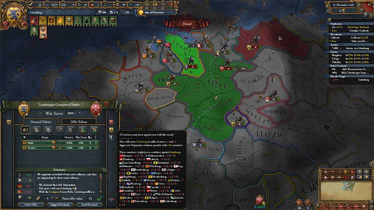 Hovering over the symbol on the bottom right of the peace deal screen shows nations that will end up with more than -50 AE opinion of you. / EU4