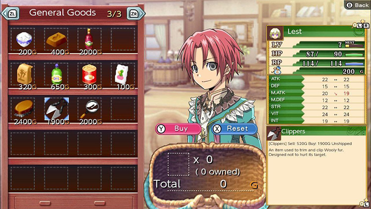 Sincerity General Store’s “General Goods” page with the cursor on the Clippers / Rune Factory 4