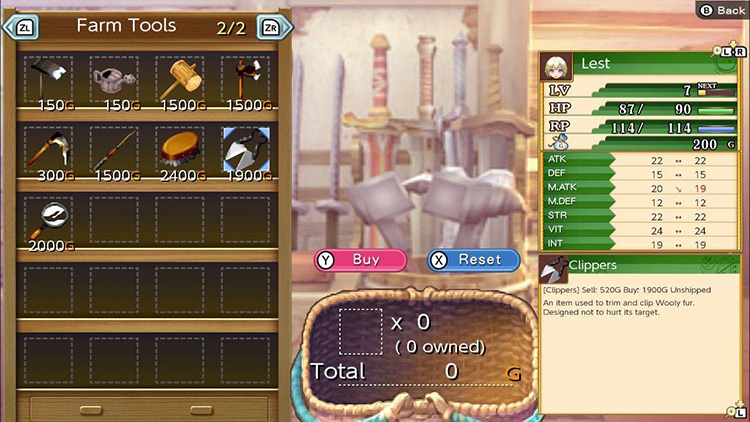 Blacksmith “Meanderer”’s “Farm Tools” page with the cursor on the Clippers / Rune Factory 4