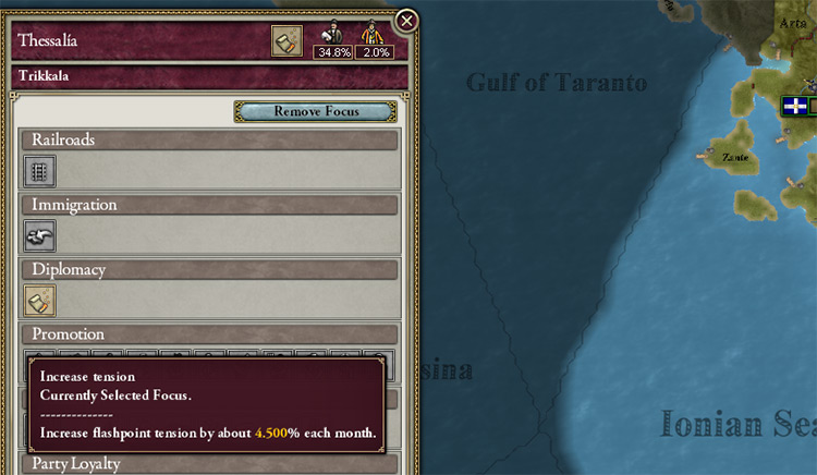 Greece can use the Increase Tension focus on Thessalia, a state it doesn’t own, hoping to acquire it peacefully through a crisis. / Victoria 2