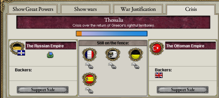 A crisis. The Russian Empire backs Greece, while the Ottomans are supported by Great Britain (and themselves). Four more great powers have shown interest in the crisis. / Victoria 2