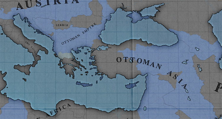 This map mode can be accessed by clicking the “bomb” symbol above the minimap. It clearly showcases how likely early crises are in the Ottoman and Austrian Empires. / Victoria 2