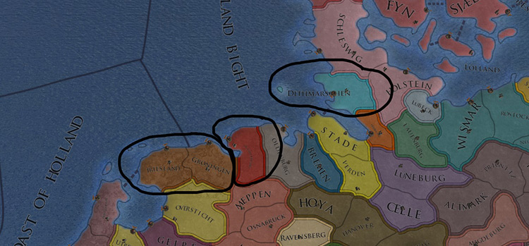 The three starting peasant republics, circles in black. / EU4