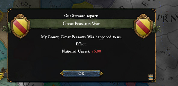 Pop-up informing all HRE members of the effects of the Great Peasants’ War. / EU4