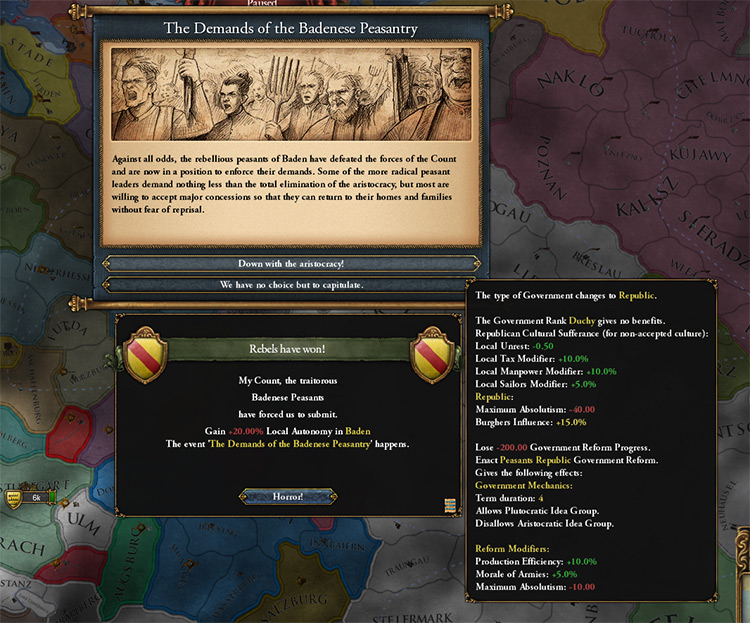 Choosing the top option will give you the unique Peasant Republic government reform. / EU4