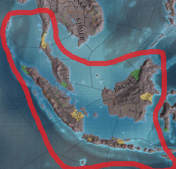 Indonesia and Malaya (circled) with the target provinces for Muslims (green) and non-Muslims (yellow). Note that Makassar (rightmost green) isn’t part of the aforementioned regions / EU4