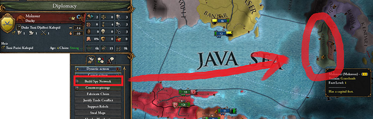 Makassar’s one sea-tile away from you, allowing you to claim their provinces / EU4