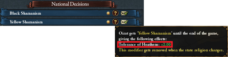 High tolerance (Yellow Shamanism) is better for wide nations / EU4