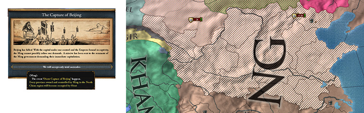 You’ll automatically occupy half of China after the “Capture of Beijing” event / EU4