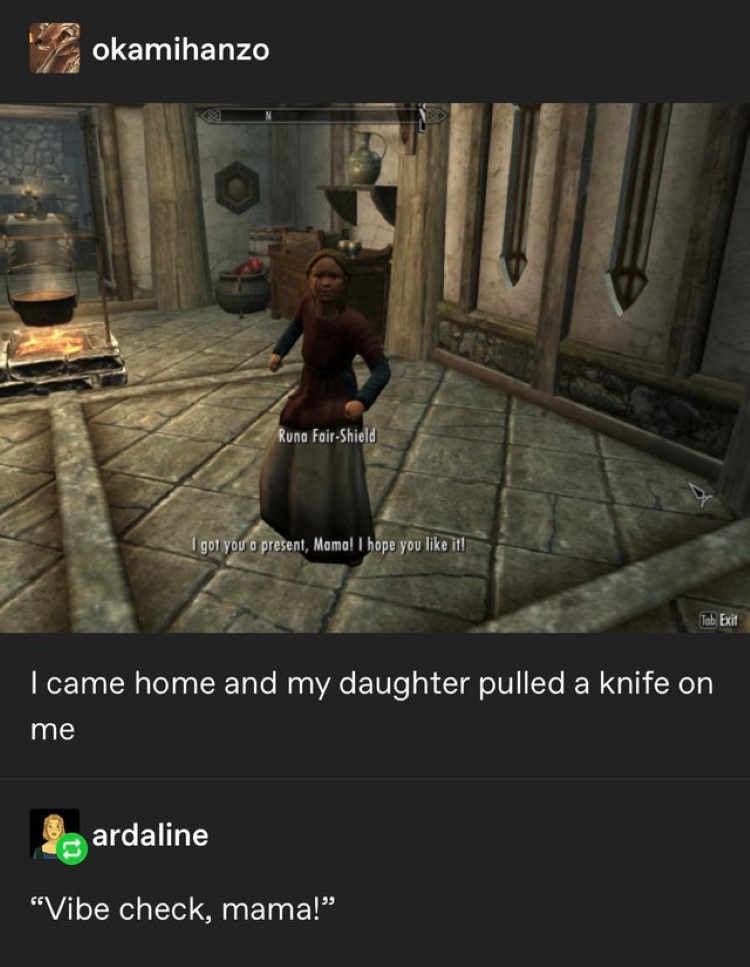 I came home to my daughter and pulled a knife on me, Skyrim joke