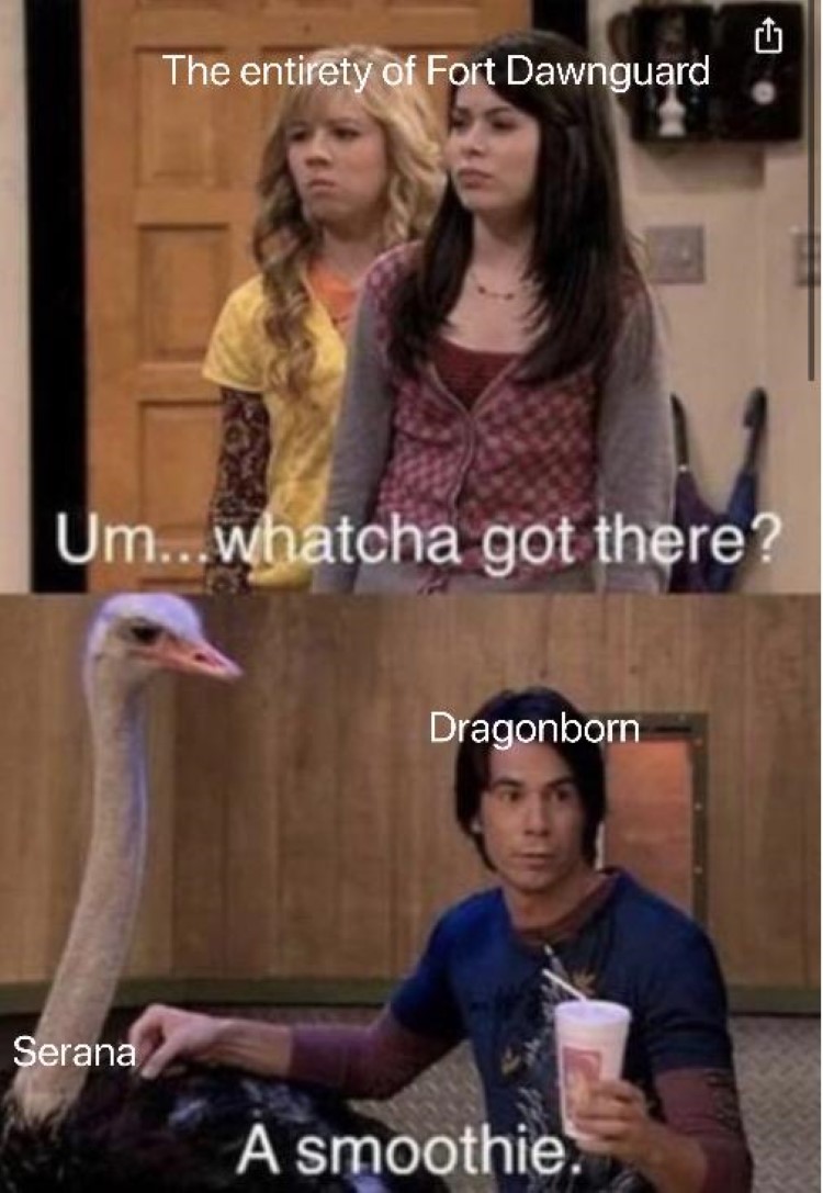 icarly crossover meme, Whatchyou got there? Dragonborn with Serana: A Smoothie.