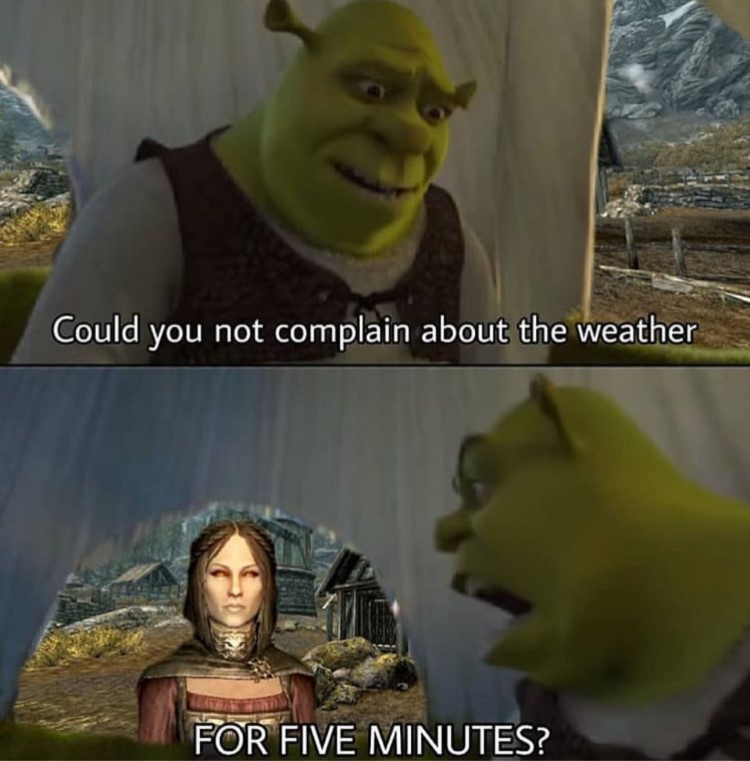 Could you not complain about the weather, for five minutes? Shrek crossover Skyrim meme