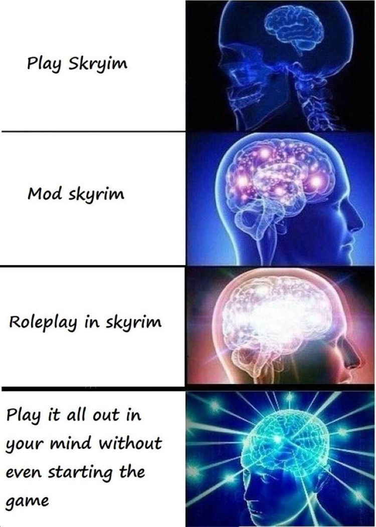 Expanding brain meme about Skyrim