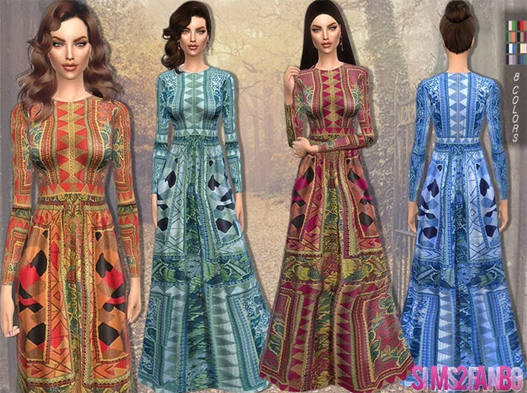 Screenshot of Long Printed Dress in Sims 4