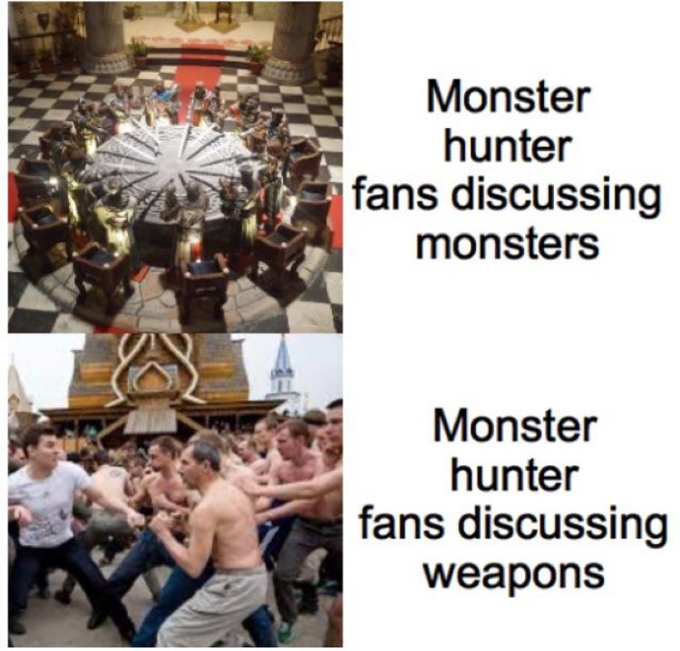 MHW fans discussing monsters vs weapons meme