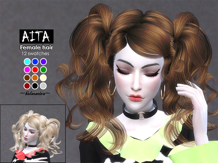 High on head curly hair pigtails - TS4 CC Hairdo