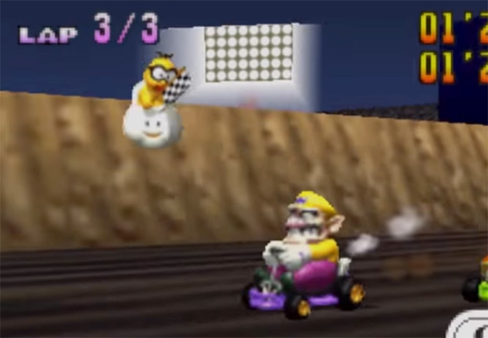 Wario driving in Mario Kart 64