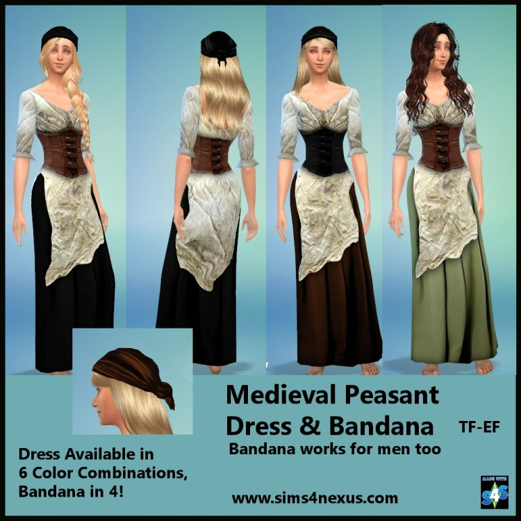 Medieval Peasant Dress & Bandana for Sims 4