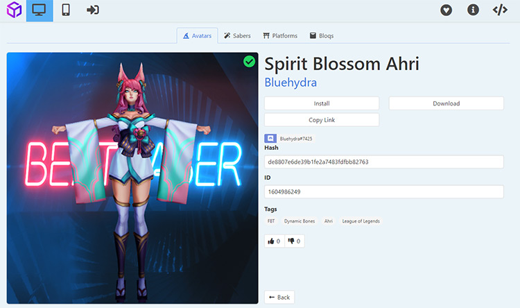 Spirit Blossom Ahri Beat Saber avatar mod