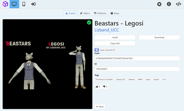 Legoshi Beat Saber avatar mod