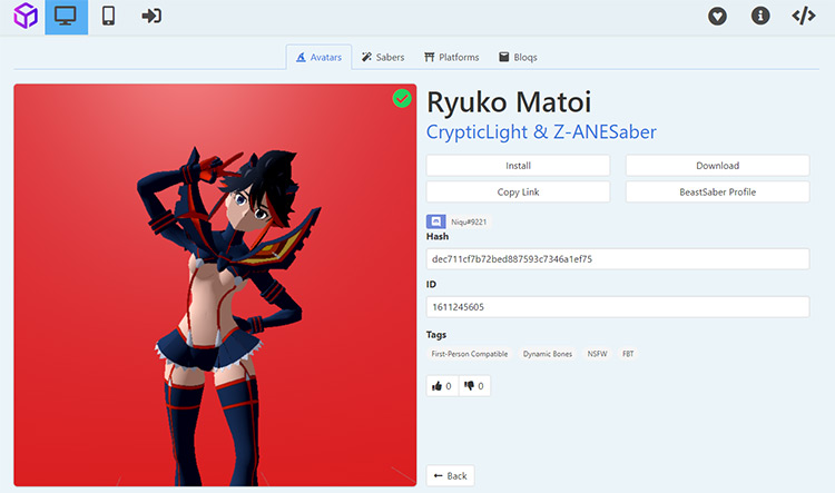 Ryuko Matoi avatar mod for Beat Saber