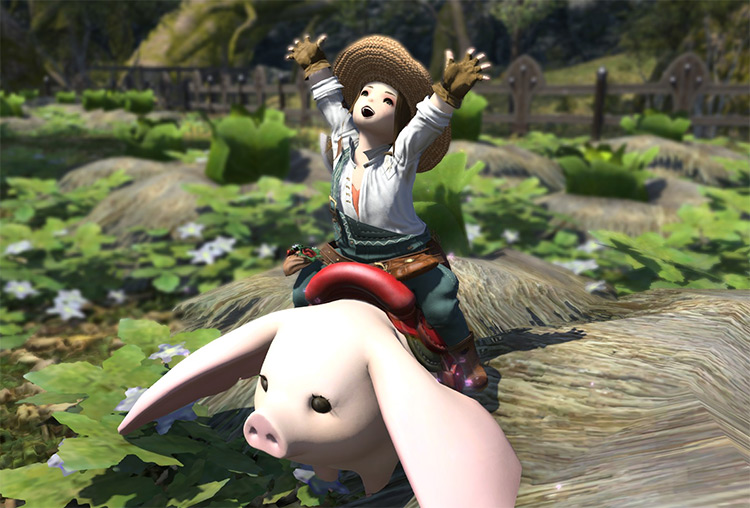 Botanist character riding mount in FFXIV