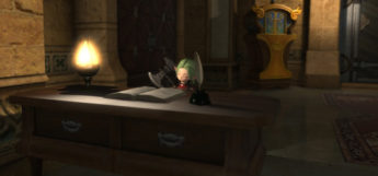 Lalafell beside a desk at the inn / Final Fantasy XIV