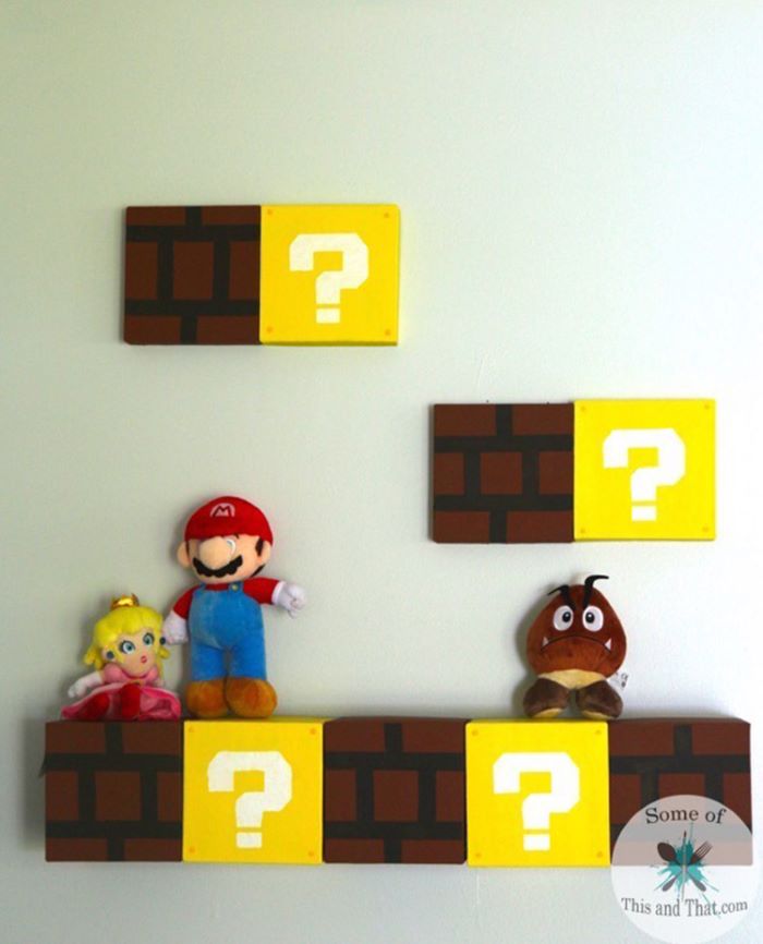 Mario brick wall themed shelves
