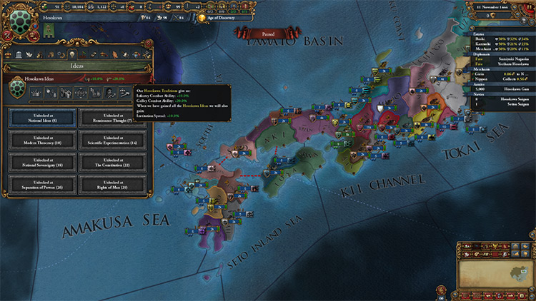Hosokawa's starting traditions are excellent for naval and land warfare in the early game. / EU4
