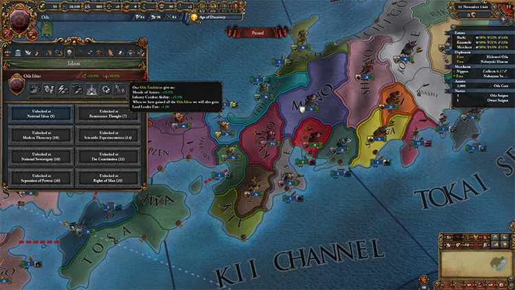 Oda's starting position and excellent military ideas on the left / Europa Universalis IV
