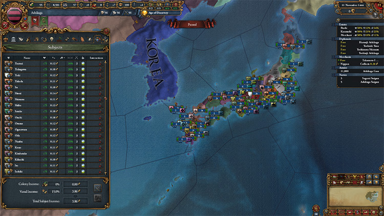 Ashikaga's myriad vassal daimyos on the right / Europa Universalis IV