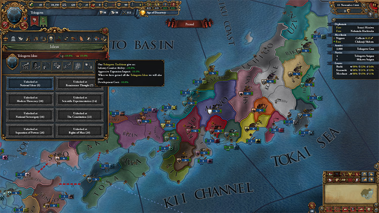 Tokugawa’s starting situation and their excellent ideas on the left / Europa Universalis IV