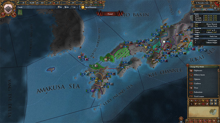 Ouchi's foreign core in Hosokawa highlighted in green / EU4