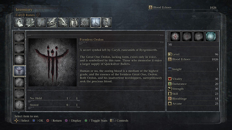 The level 4 Formless Oedon Caryll Rune, which increases your Quicksilver Bullet inventory to 24 shots / Bloodborne