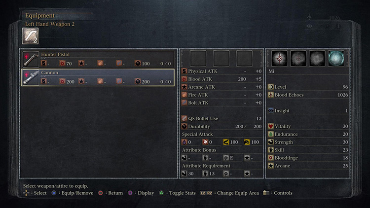 The Cannon’s stats page, showing damage, stat requirements and scaling / Bloodborne