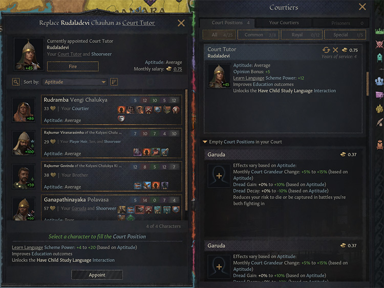 The court tutor selection screen, with many average aptitude characters / CK3