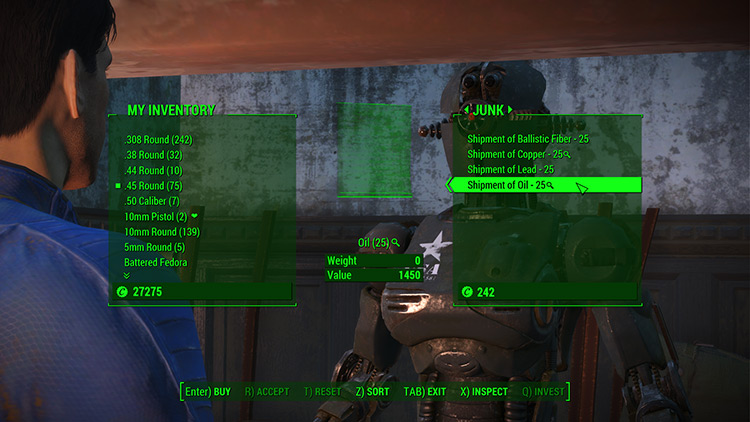 Buying shipments of oil from KL-E-O in Goodneighbor / Fallout 4