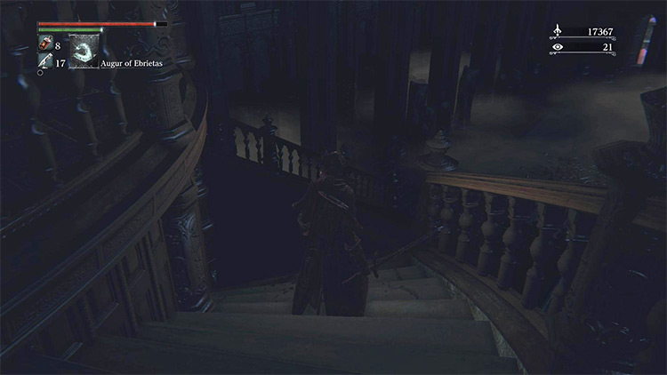 The spot on the stairs where the final Werewolf will notice you / Bloodborne