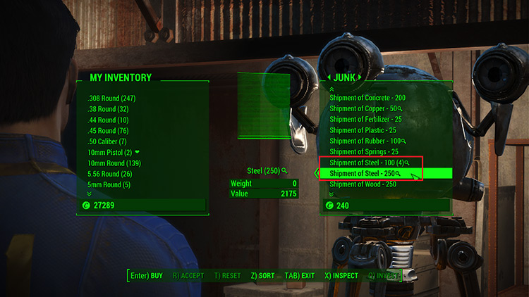 Buying shipments of steel from Percy at Diamond City Surplus. / Fallout 4