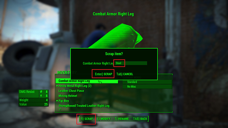 Scrapping a piece of armor in the armor workbench / Fallout 4
