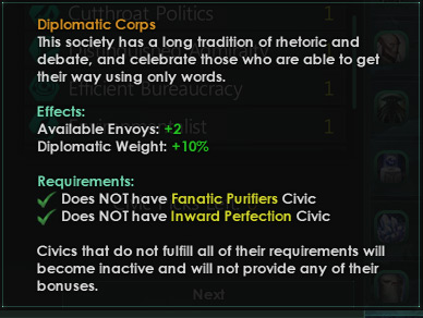 The Diplomatic Corps civic during empire creation / Stellaris